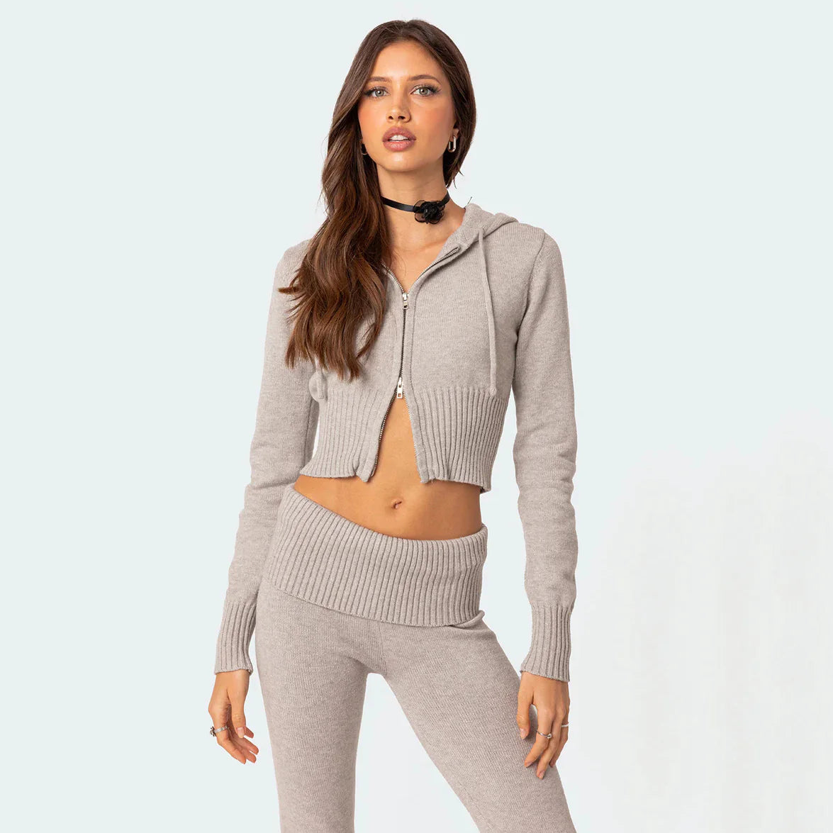 HIGH WAIST KNIT HOODED SET