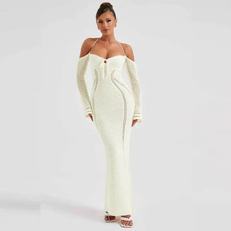 OFF SHOULDER HALTER KNIT MAXI DRESS