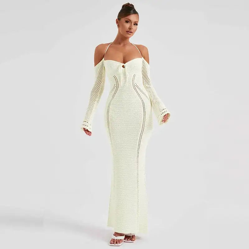 OFF SHOULDER HALTER KNIT MAXI DRESS