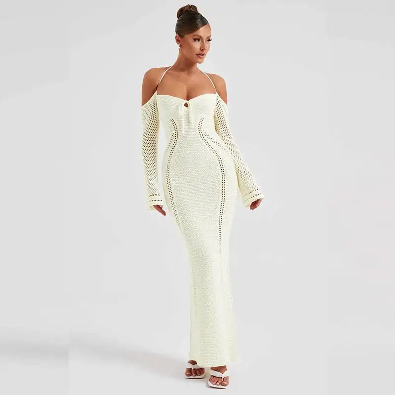 OFF SHOULDER HALTER KNIT MAXI DRESS