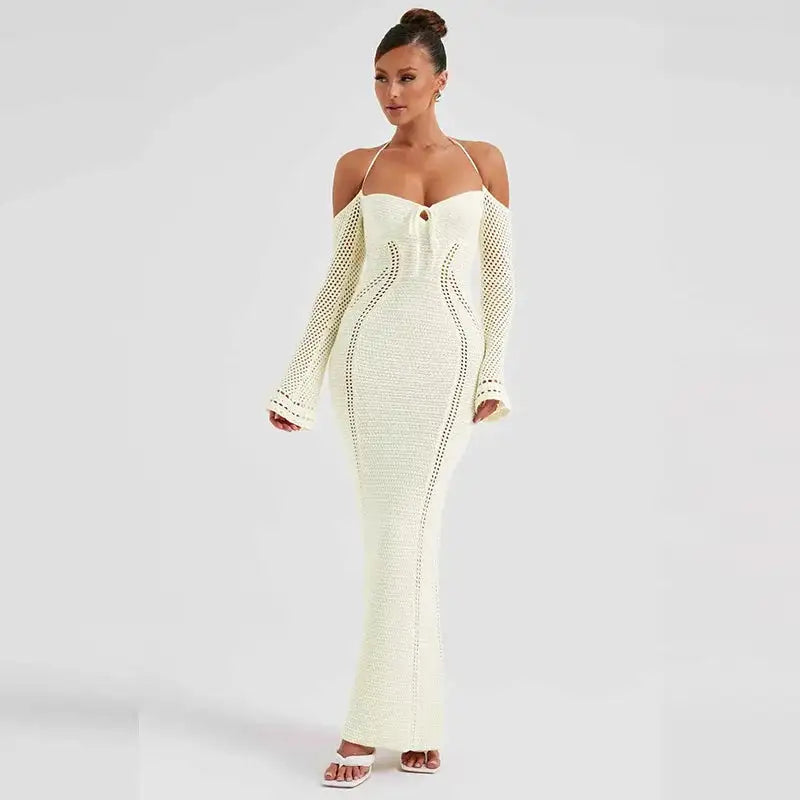 OFF SHOULDER HALTER KNIT MAXI DRESS